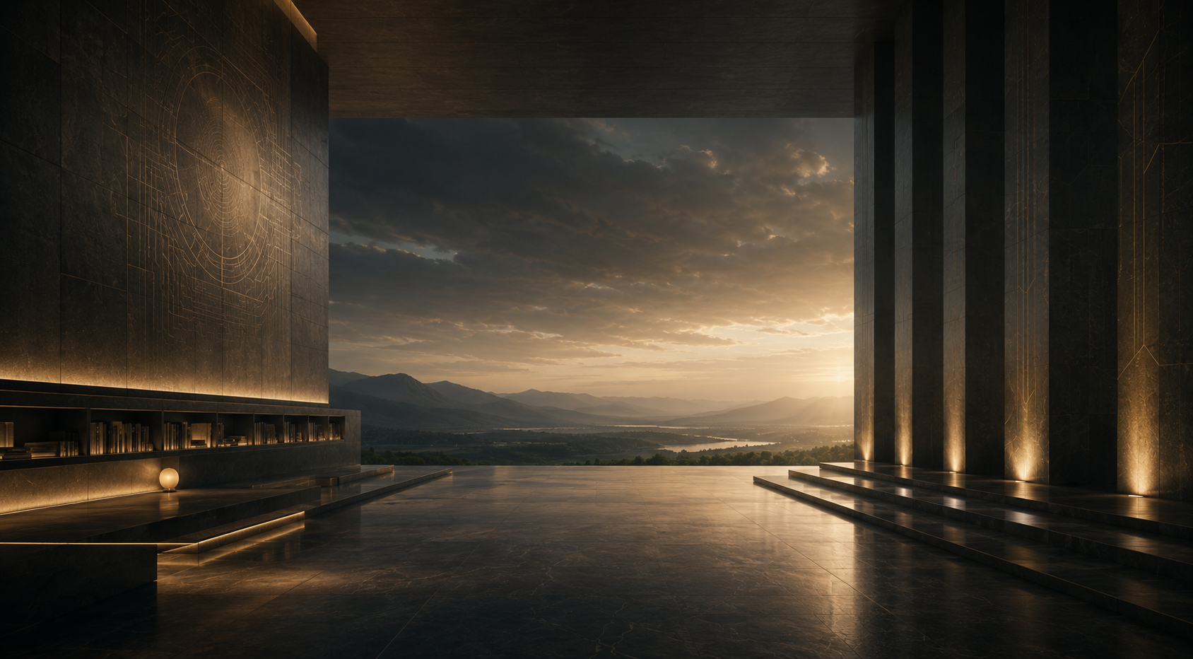 Architectural interior opening onto a broad landscape